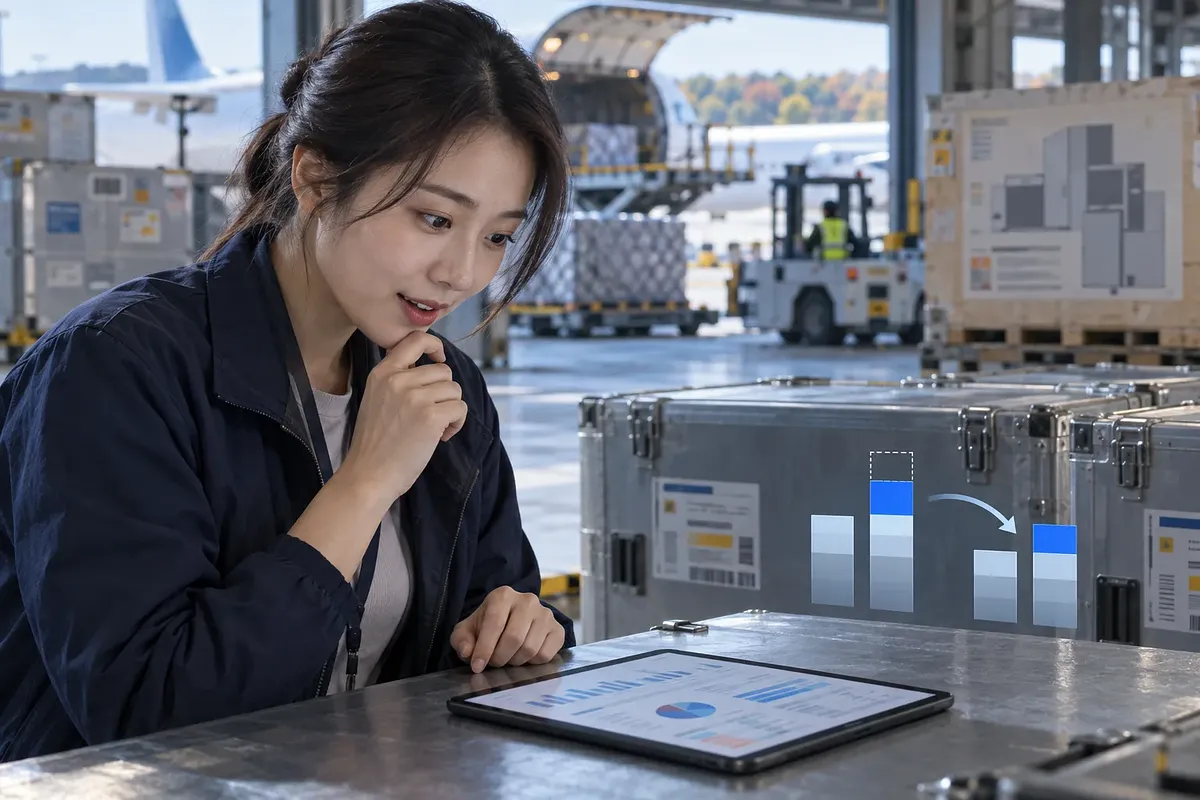 Female logistics worker reviewing export data on a tablet at an air cargo terminal
