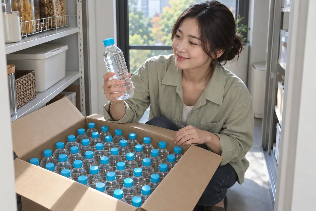 青いキャップのラベルレス水ボトルを手にし、箱の中を確認する女性