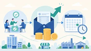Proceso del salario mínimo con votación, sobre de nómina, monedas, flecha ascendente, calendario y reloj