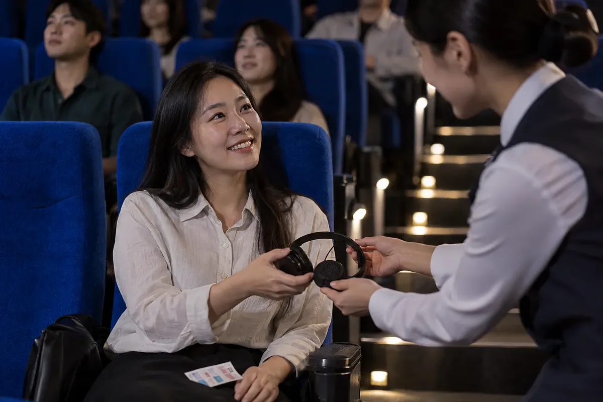 映画館の座席でスタッフからヘッドホンを受け取る女性