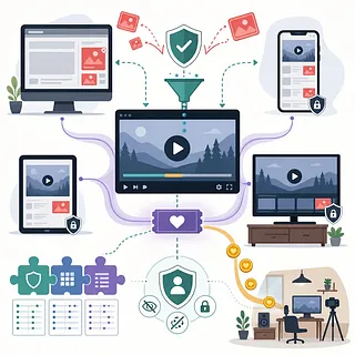 Infografía con reproductor central, dispositivos, escudos anti anuncios, opciones premium y herramientas de creador