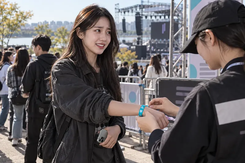 Personal colocando una pulsera a una asistente en un festival de música al aire libre