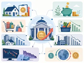 Banco central con flecha ascendente conectado a préstamos, ahorro, compras, precios, vivienda, mercados y divisas