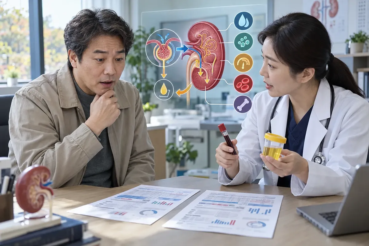 의사가 환자에게 혈액·소변 검체와 콩팥 여과 도식을 설명하는 진료 장면