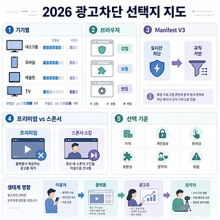 기기별 안정성·위험도와 브라우저, Manifest V3, 프리미엄 선택지를 정리한 2026 광고차단 인포그래픽