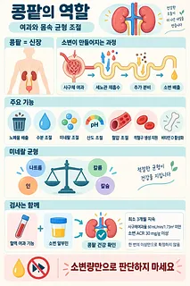 콩팥의 여과·재흡수 과정과 수분, 미네랄, 혈압 조절 기능 및 검사법을 설명한 인포그래픽