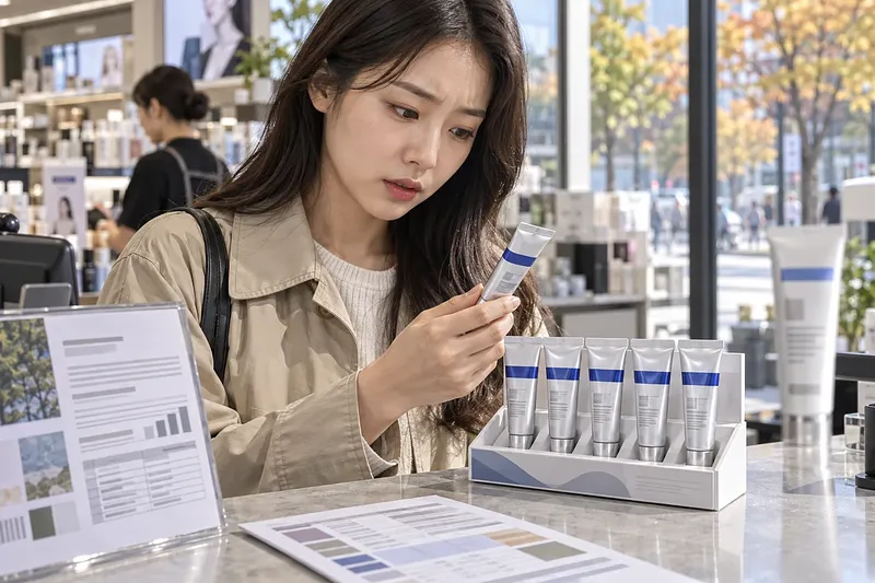 Mujer examinando un tubo cosmético plateado junto a un expositor