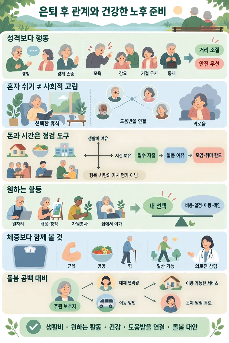 退職後の人間関係、休息、家計、活動、健康、介護への備えをまとめた図解