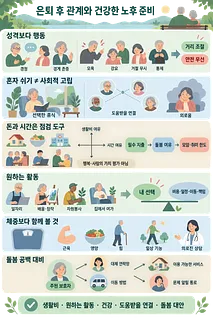 은퇴 후 관계, 휴식, 재정, 활동, 건강, 돌봄 준비 기준을 그림으로 정리한 인포그래픽