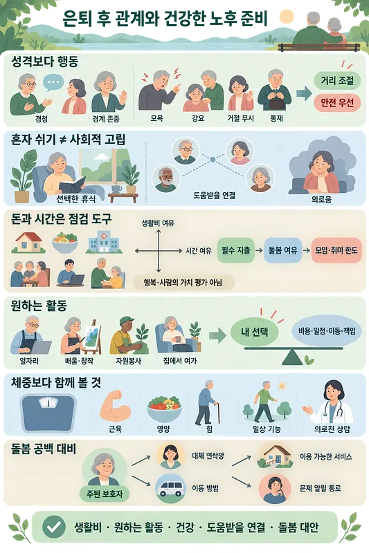 은퇴 후 관계, 휴식, 재정, 활동, 건강, 돌봄 준비 기준을 그림으로 정리한 인포그래픽