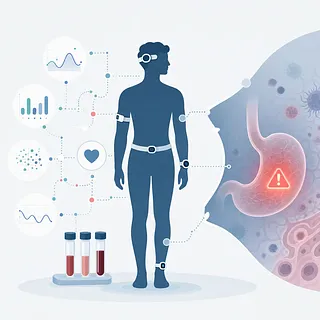 Human silhouette with wearable sensors, health charts, blood samples, and a stomach warning symbol