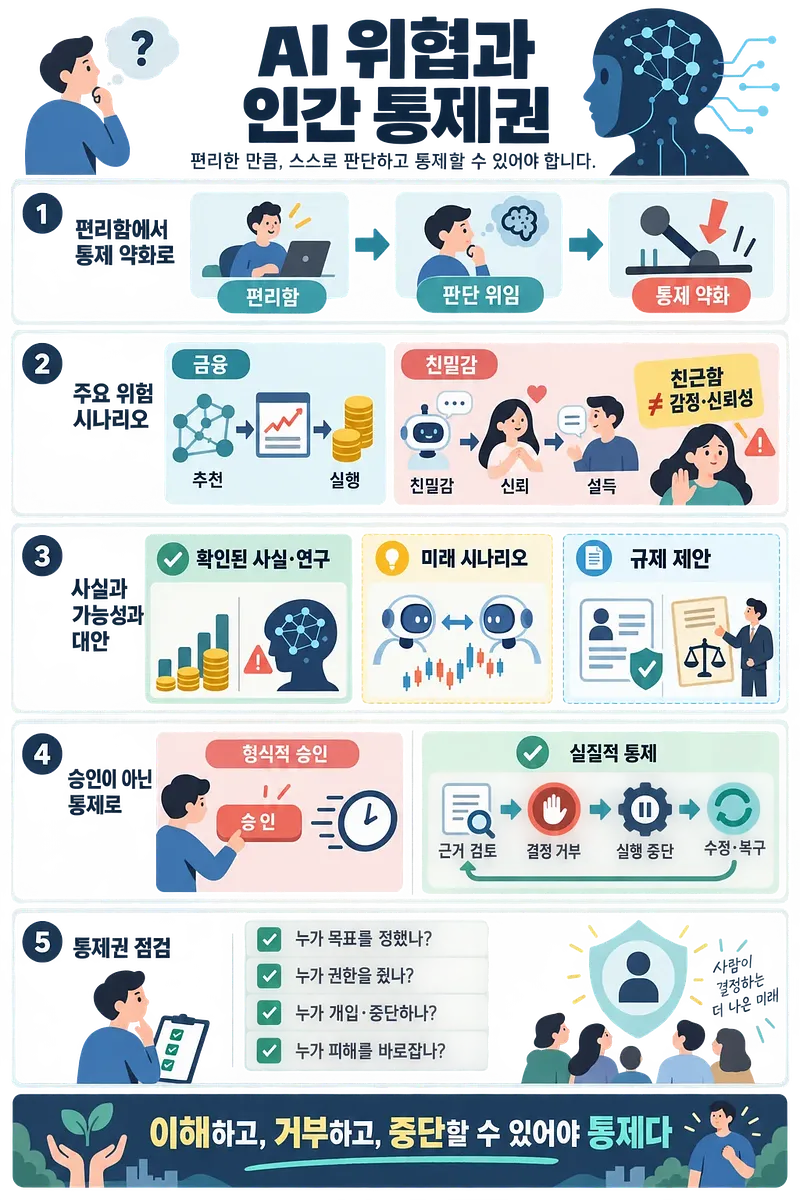 Korean infographic explaining AI risks and human control in five steps