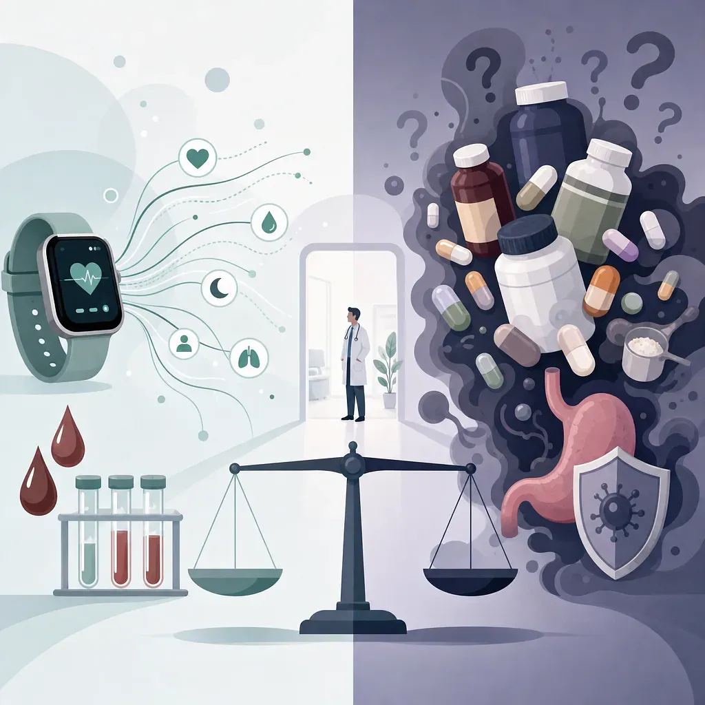 Medical illustration contrasting health data and blood tests with pills, stomach issues, and a scale