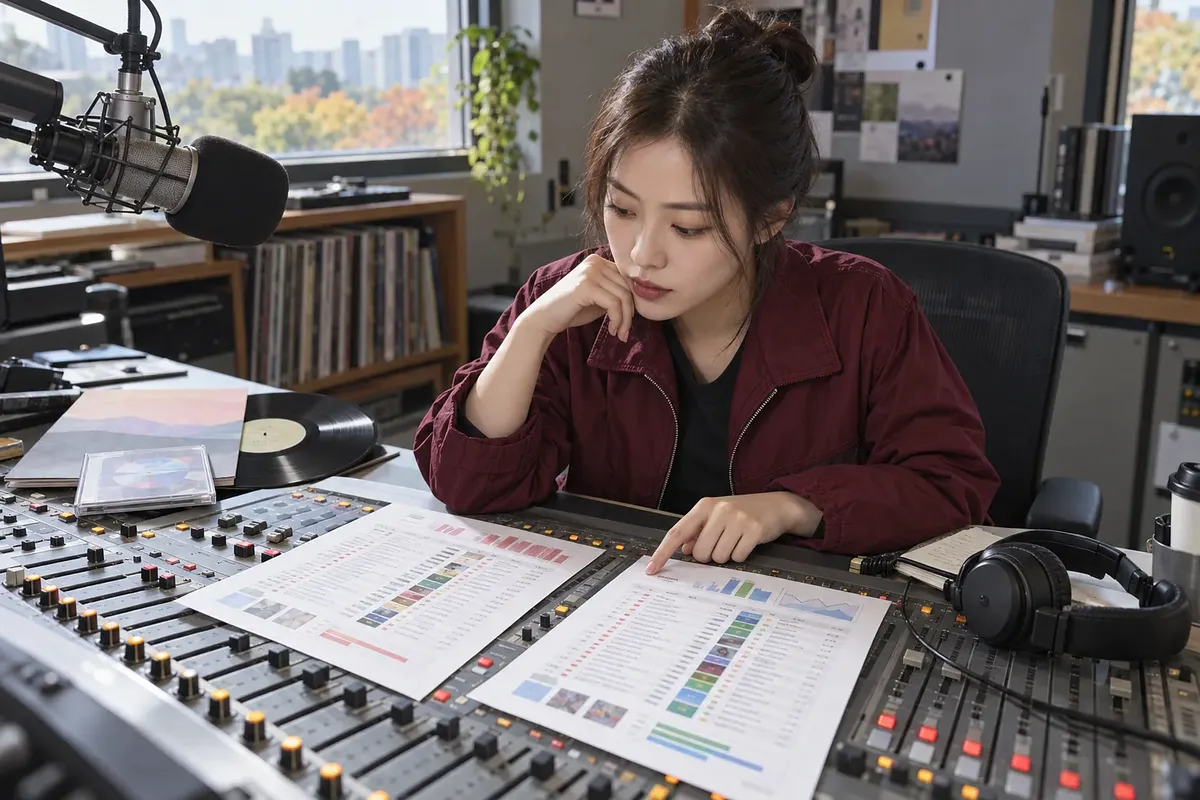 음악 스튜디오에서 믹싱 콘솔 위의 인쇄된 싱글 차트를 검토하는 여성