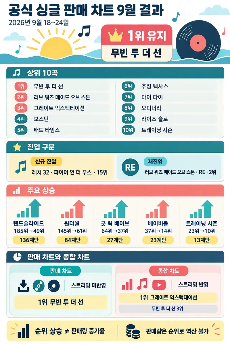 2026년 9월 18~24일 공식 싱글 판매 차트 순위와 변동을 정리한 인포그래픽