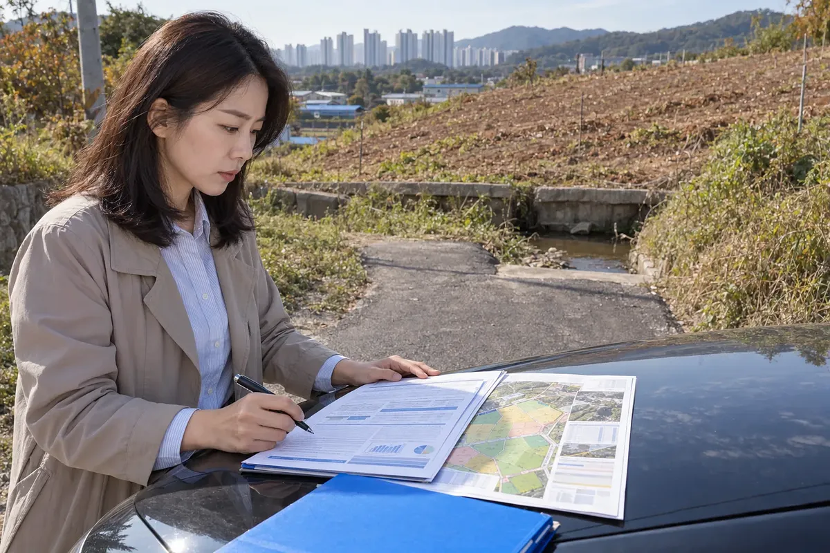 개발되지 않은 토지 앞 차량 위에서 지도와 서류를 검토하는 여성