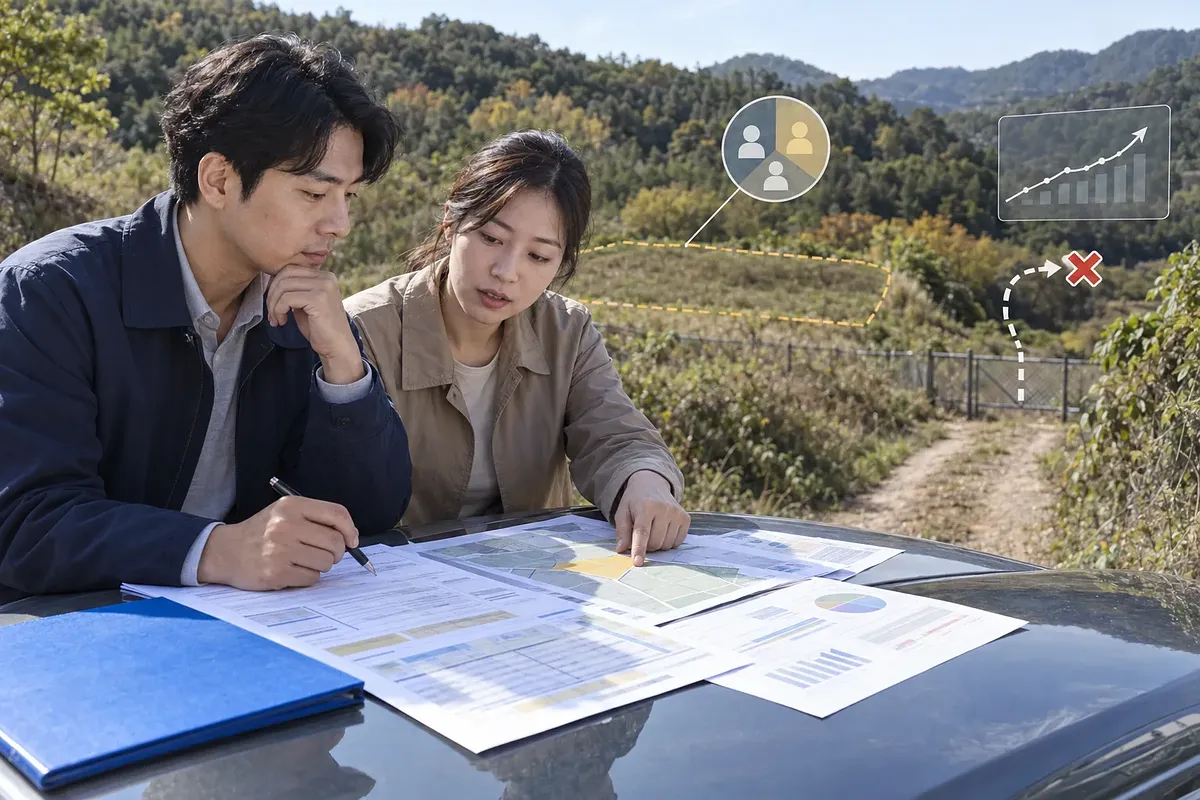 농지 옆 차량 위에 지도를 펼쳐 놓고 토지 투자 자료를 검토하는 두 사람