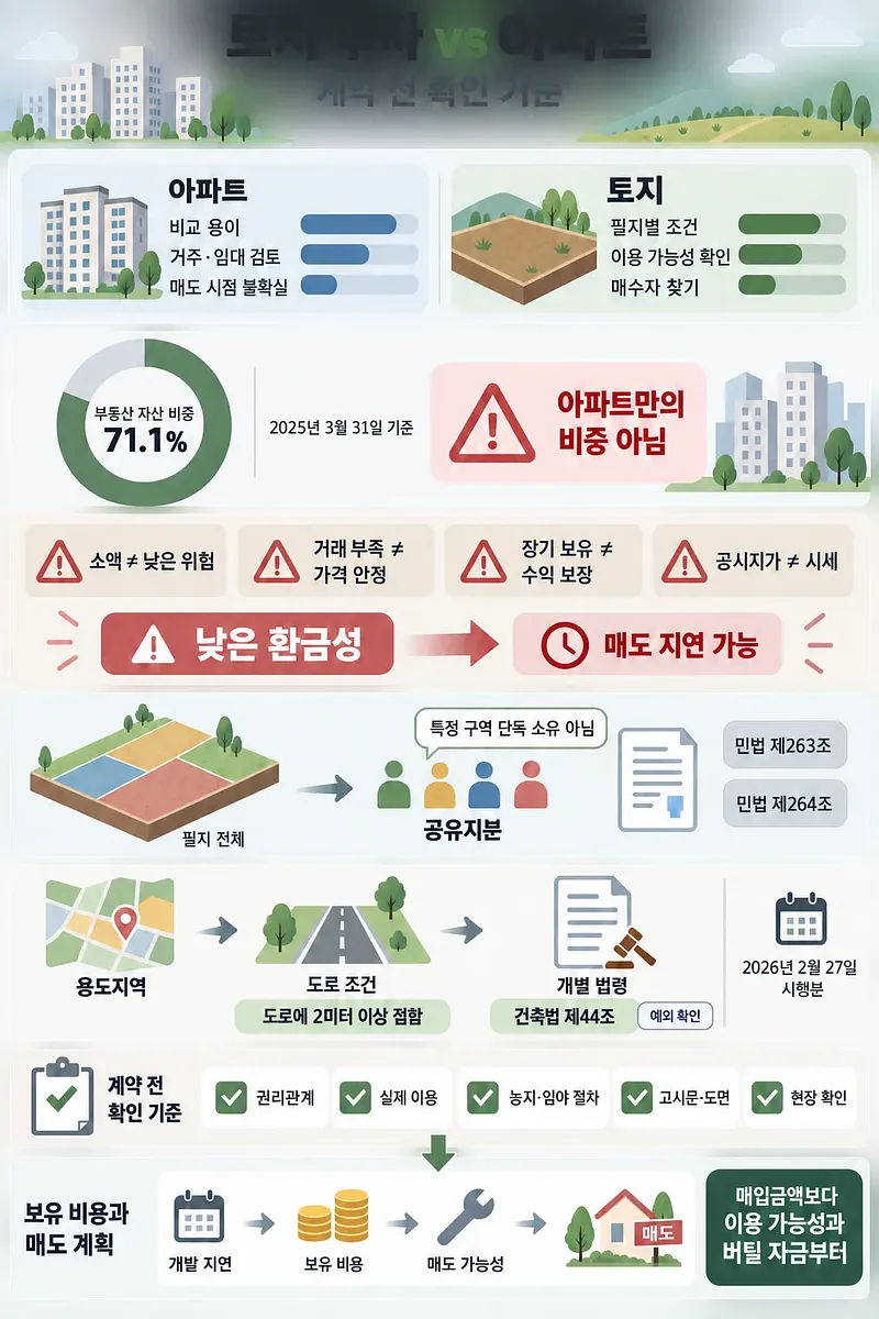 아파트와 토지 투자의 환금성, 공유지분, 용도지역, 도로·법령 및 계약 전 확인 항목을 비교한 인포그래픽