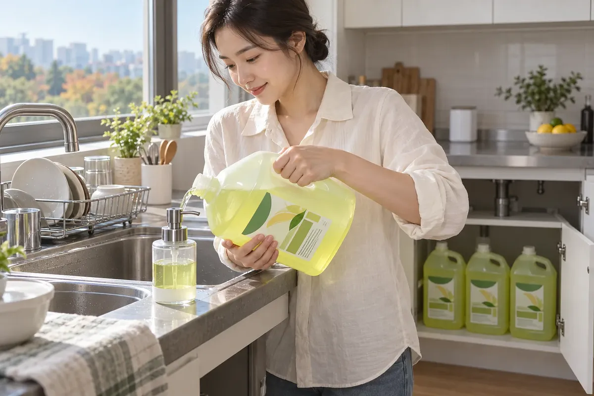 주방 싱크대에서 대용량 용기의 노란 주방세제를 펌프 디스펜서에 붓는 여성