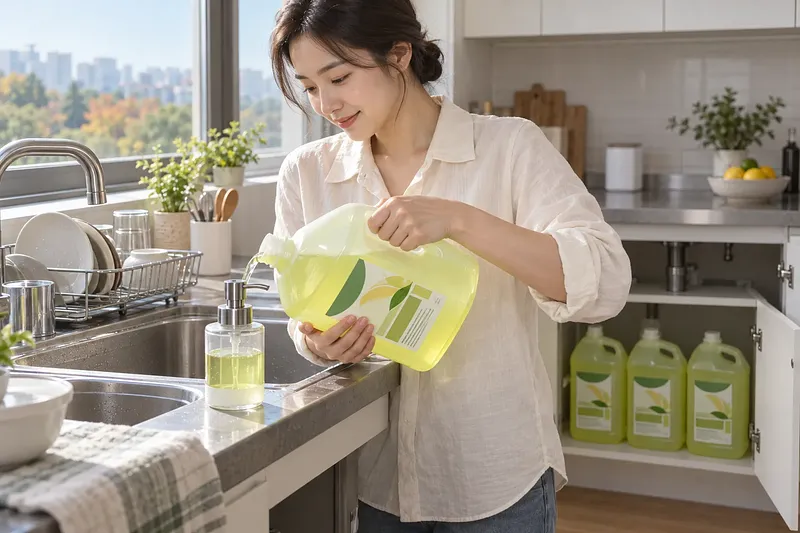 주방 싱크대에서 대용량 용기의 노란 주방세제를 펌프 디스펜서에 붓는 여성