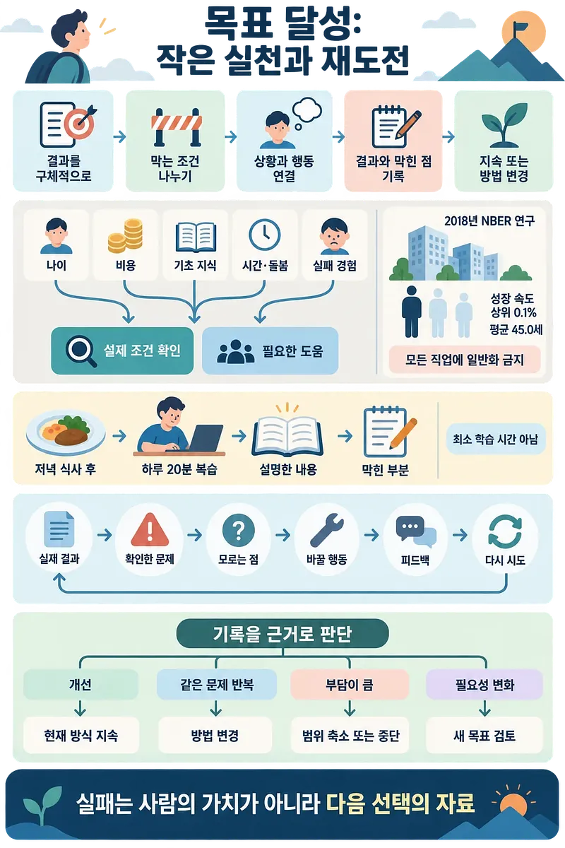 목표 결과를 기록하고 막힌 원인을 점검해 행동을 바꾸고 재시도하는 과정을 설명한 인포그래픽