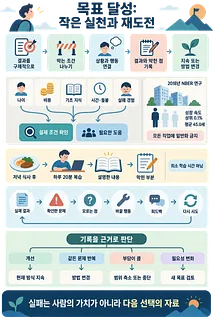 목표 결과를 기록하고 막힌 원인을 점검해 행동을 바꾸고 재시도하는 과정을 설명한 인포그래픽