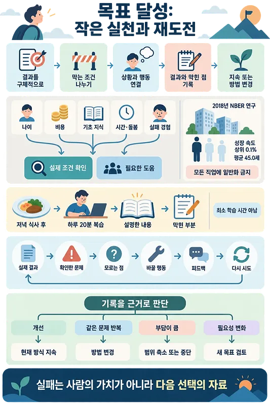 목표 결과를 기록하고 막힌 원인을 점검해 행동을 바꾸고 재시도하는 과정을 설명한 인포그래픽