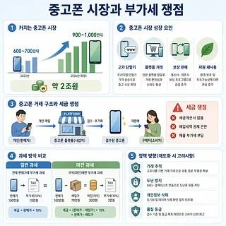 중고폰 시장 성장, 거래 구조, 부가세 과세 쟁점을 정리한 한국어 인포그래픽