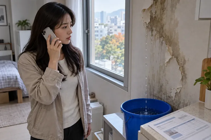 Woman on the phone beside a leaking, peeling wall with a blue bucket catching water