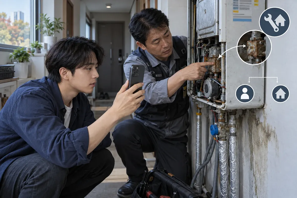 Technician points to a rusted wall boiler part while a man records it with his phone