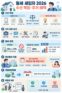 월세 세입자의 수선 책임, 수리 요청, 세액공제, 청년 지원, 전월세전환율, 보증금 보호를 정리한 인포그래픽