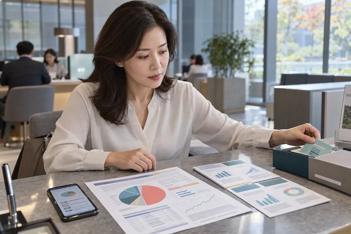 Mujer revisando informes financieros con gráficos circulares y de barras en una oficina