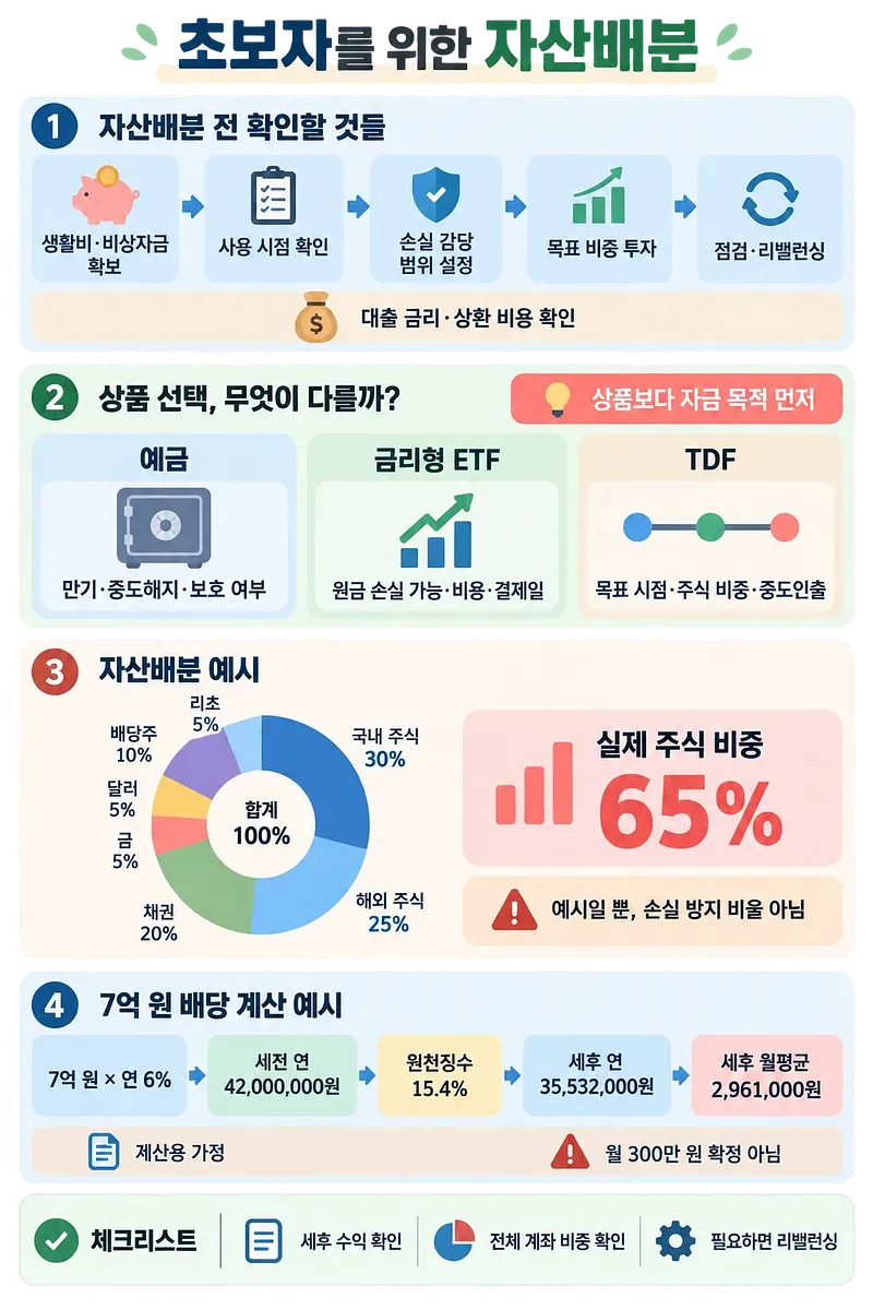 Infografía para principiantes sobre asignación de activos, productos, cartera y cálculo de dividendos