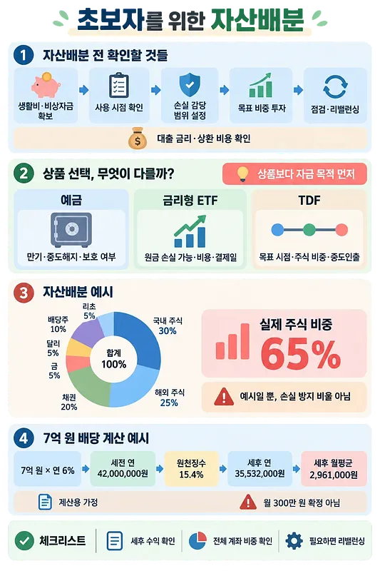 초보자를 위한 자산배분 절차, 금융상품 선택, 포트폴리오와 배당 계산 예시를 정리한 인포그래픽