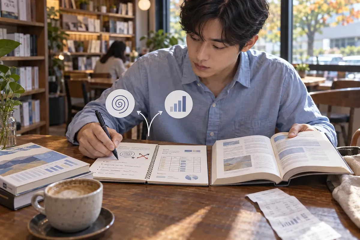 Man taking notes beside an open book in a book café, with target and growth chart icons