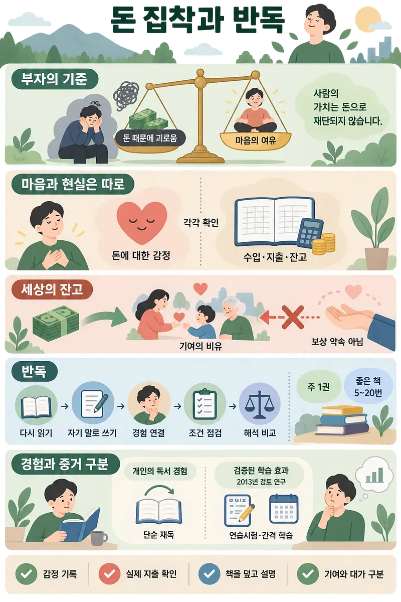 お金への感情、収支、貢献、反復読書法を解説する韓国語のインフォグラフィック