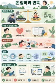 돈에 대한 감정, 수입·지출, 기여, 반복 독서법을 설명하는 한국어 인포그래픽