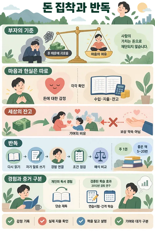 돈에 대한 감정, 수입·지출, 기여, 반복 독서법을 설명하는 한국어 인포그래픽