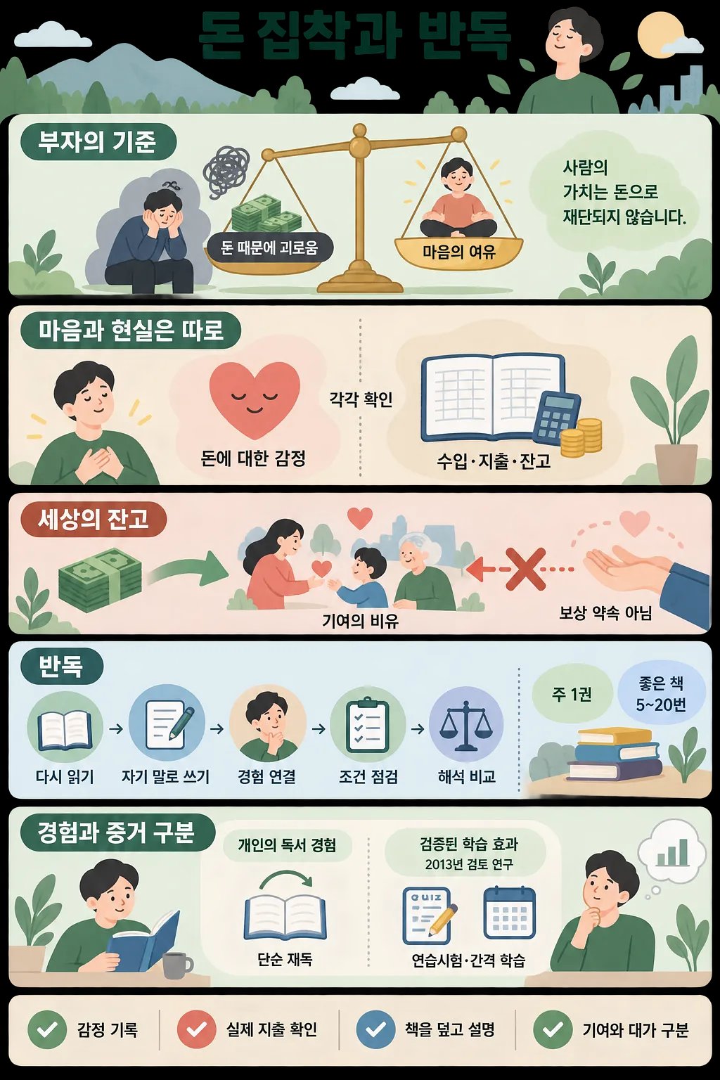 돈에 대한 감정, 수입·지출, 기여, 반복 독서법을 설명하는 한국어 인포그래픽
