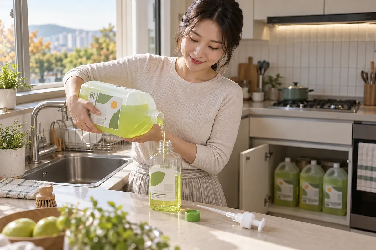 Woman refilling a pump bottle with lemon-scented dish soap, with three large bottles in the cabinet