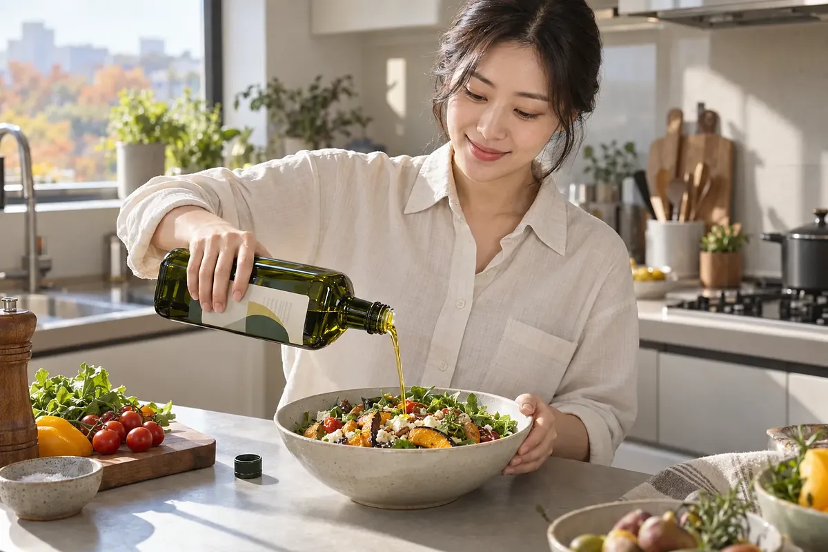 Woman pouring bottled olive oil over a roasted vegetable salad in a bright kitchen
