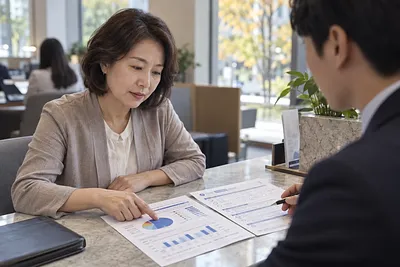 Middle-aged woman reviewing asset allocation charts and financial documents with an adviser