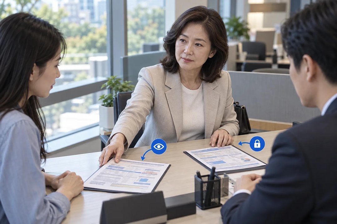 사무실에서 두 사람과 금융 서류를 검토하는 중년 여성, 문서 위에 눈과 자물쇠 아이콘