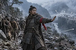 雪山の峡谷で兵士に合図する鎧姿の指揮官と進軍経路を示す矢印