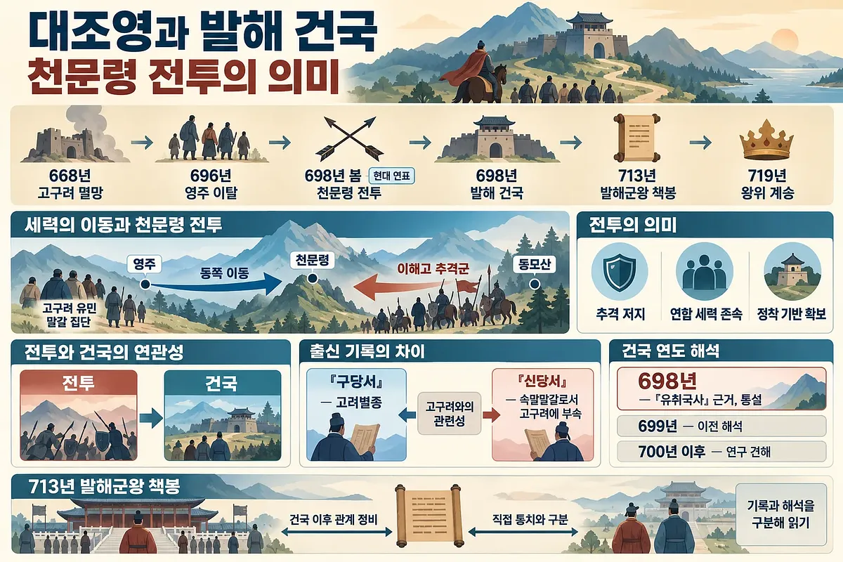 大祚栄の移動、天門嶺の戦い、698年の渤海建国をまとめた韓国語の歴史インフォグラフィック