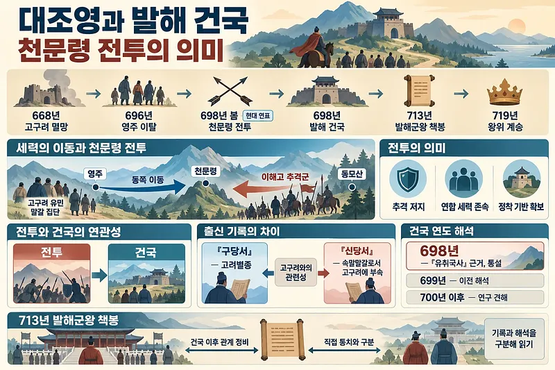 Korean infographic on Dae Joyeong’s migration, the Battle of Cheonmunryeong, and Balhae’s founding in 698