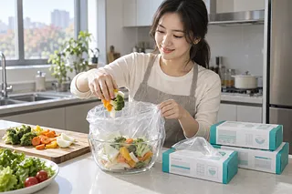 キッチンで透明な衛生袋にカット野菜を入れる女性と3箱の商品