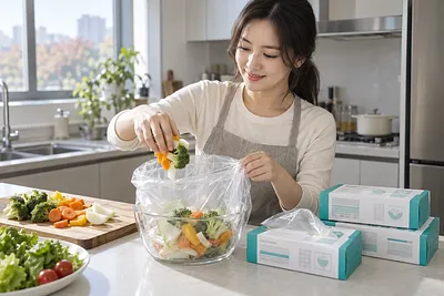 Woman placing chopped vegetables into a clear food bag beside three product boxes