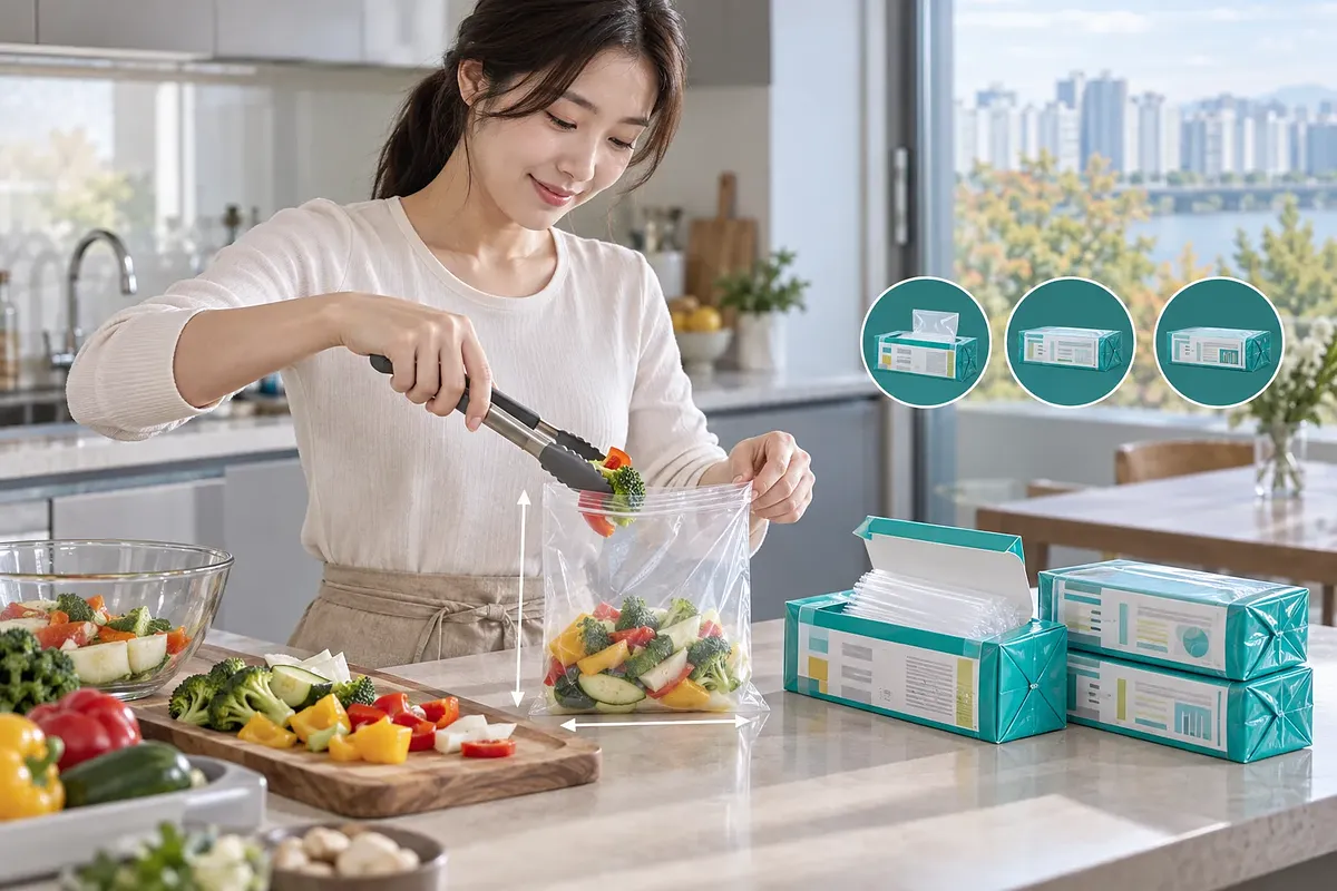 주방에서 집게로 손질한 채소를 투명 위생백에 담는 여성과 포장 상자들