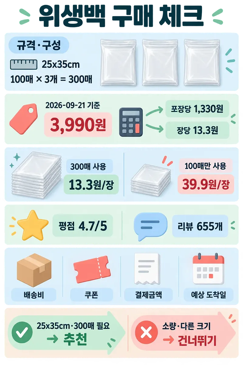 25×35cmの衛生袋100枚入り3個、計300枚が3,990ウォンで1枚13.3ウォンと示す図